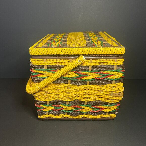 Vintage Sears Yellow & Brown Woven Wicker Hinged Lid Sewing Basket Box w/ Handle - Picture 4 of 11